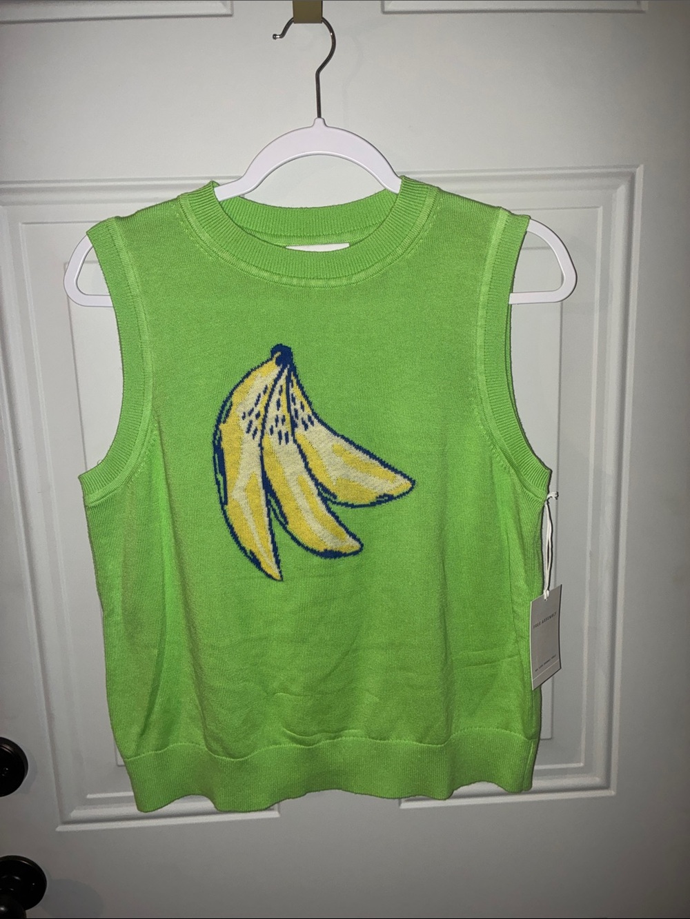 Bright Green Sleeveless Knit Top with Banana Motif
